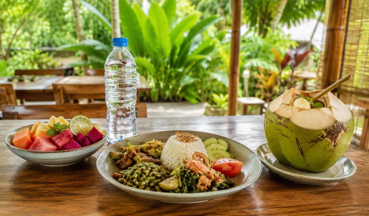 Fresh Balinese food, cut fruit, a sealed water bottle and a coconut drink on a clean warung table