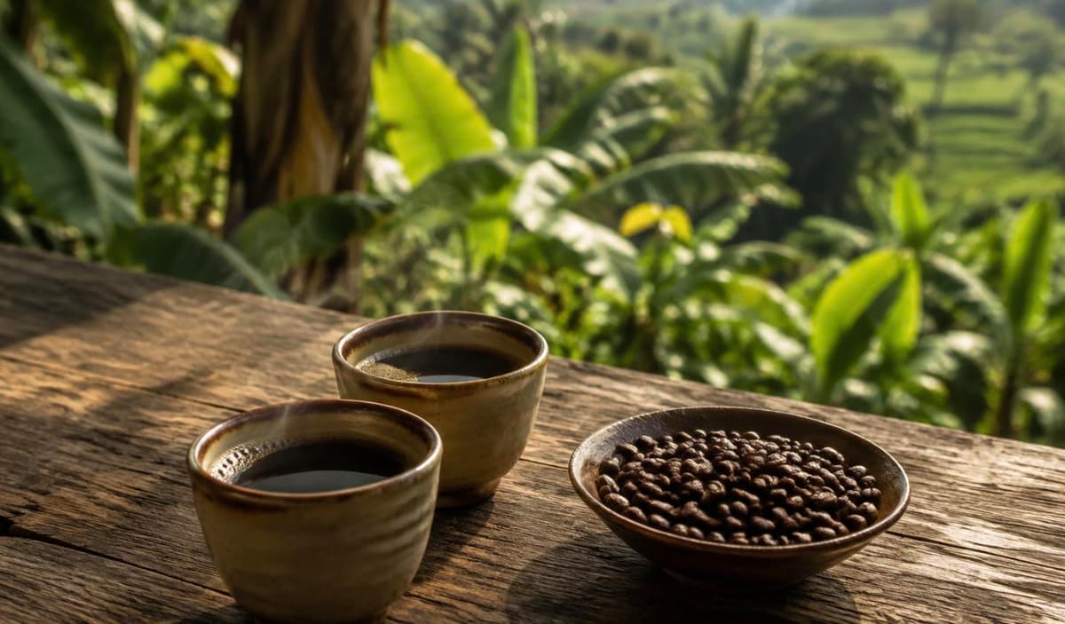 Cups of Balinese coffee and a bowl of roasted coffee beans at a Bali plantation