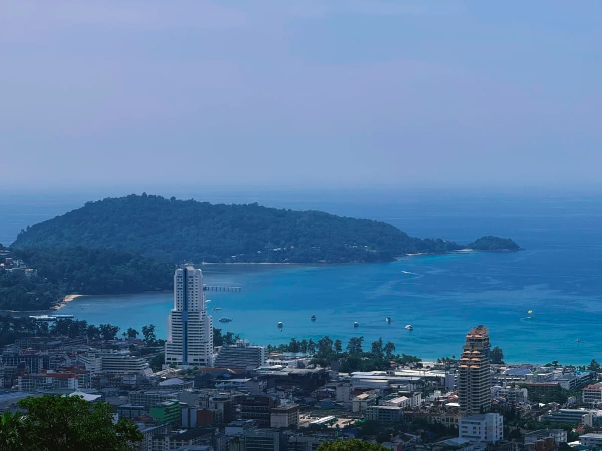 View over Patong Bay and its beachfront town on the west coast of Phuket, Thailand