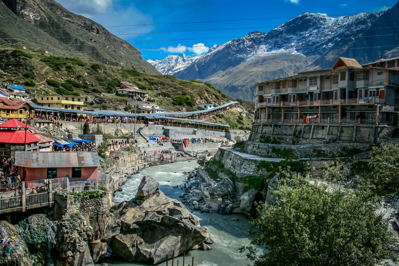 Badrinath pilgrimage town beside the Alaknanda river at the foot of Himalayan peaks