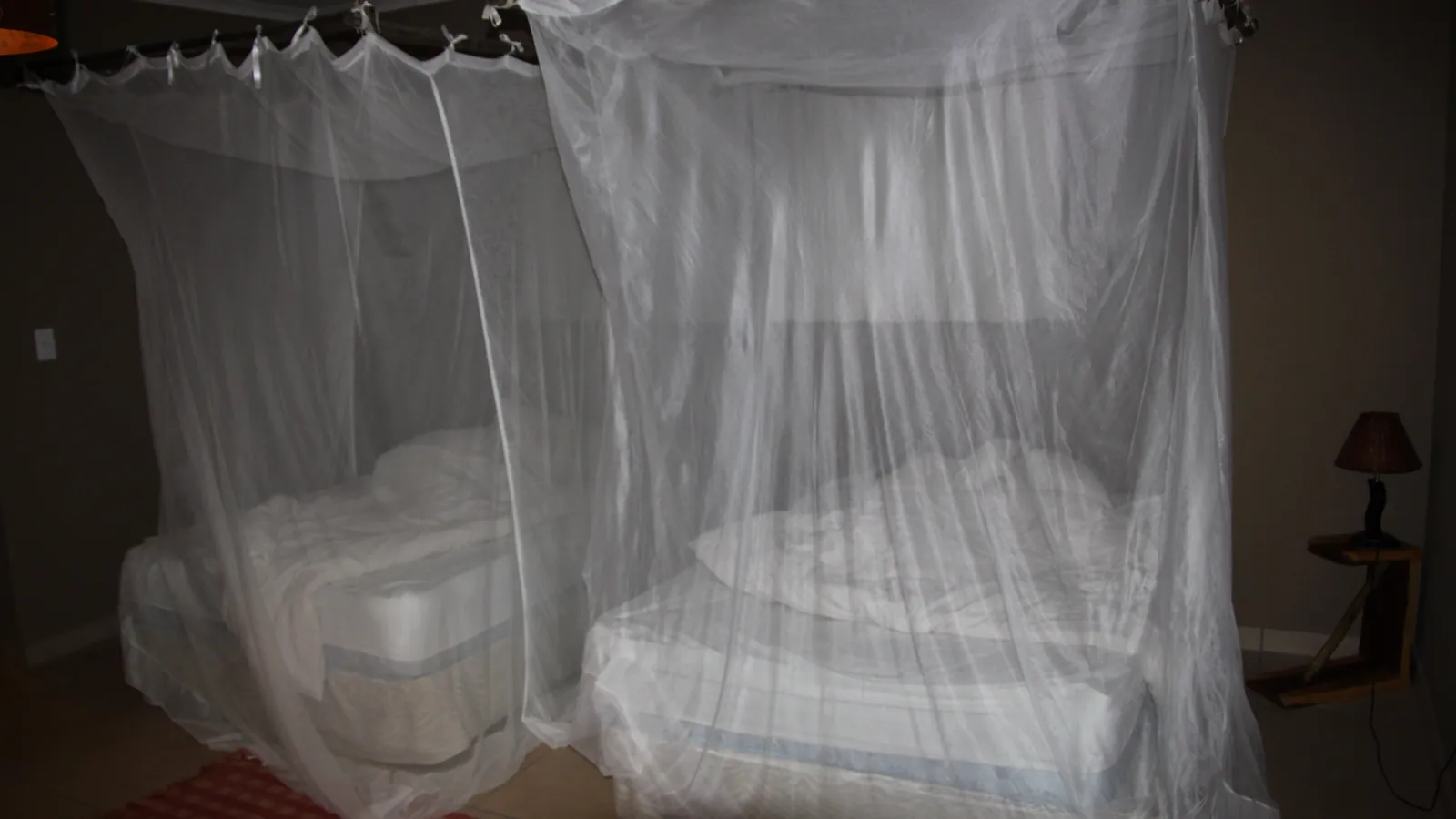 Two beds draped with white mosquito nets in a simple lodge bedroom