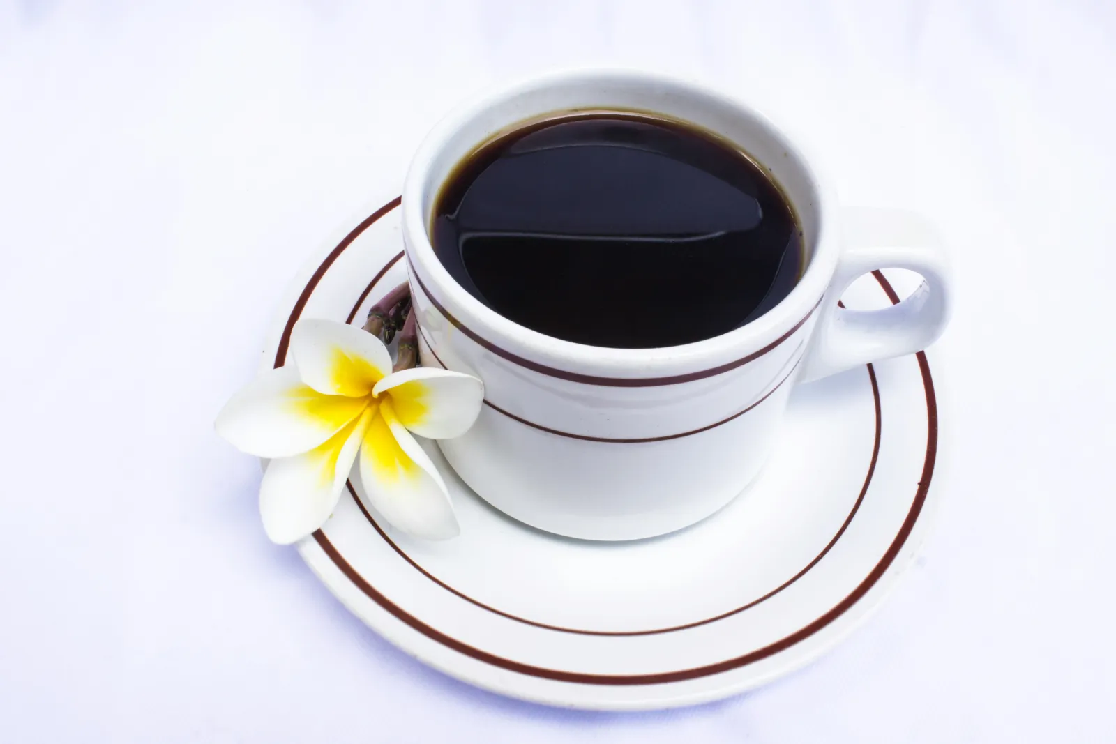 Cup of black Balinese coffee on a saucer with a frangipani flower in Bali