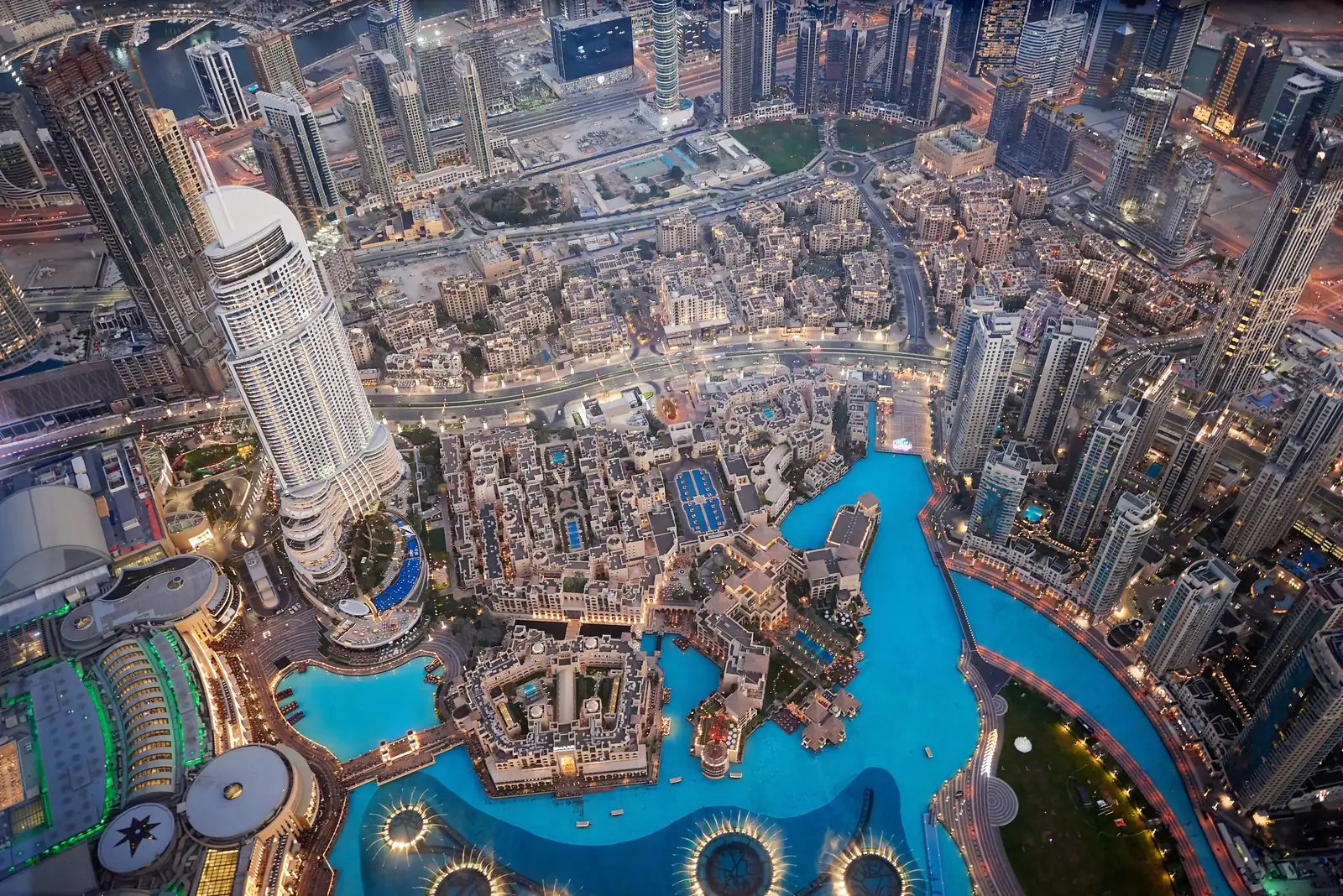 Dubai cityscape and lagoons seen from high up in the Burj Khalifa at sunset
