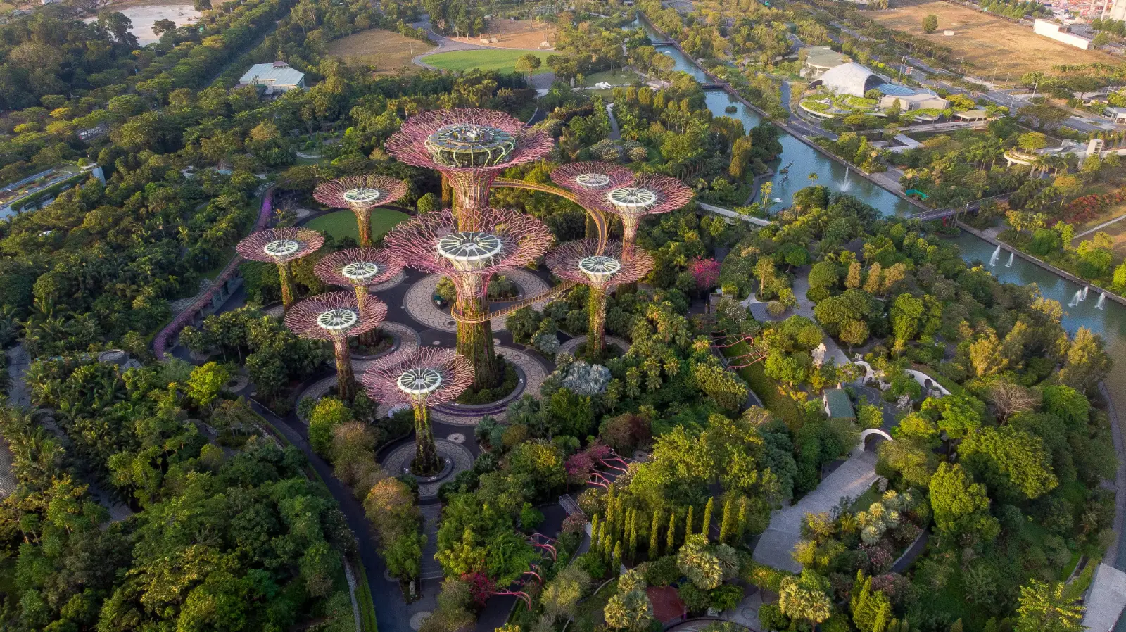 Aerial view of the Supertree Grove and gardens at Gardens by the Bay in Singapore