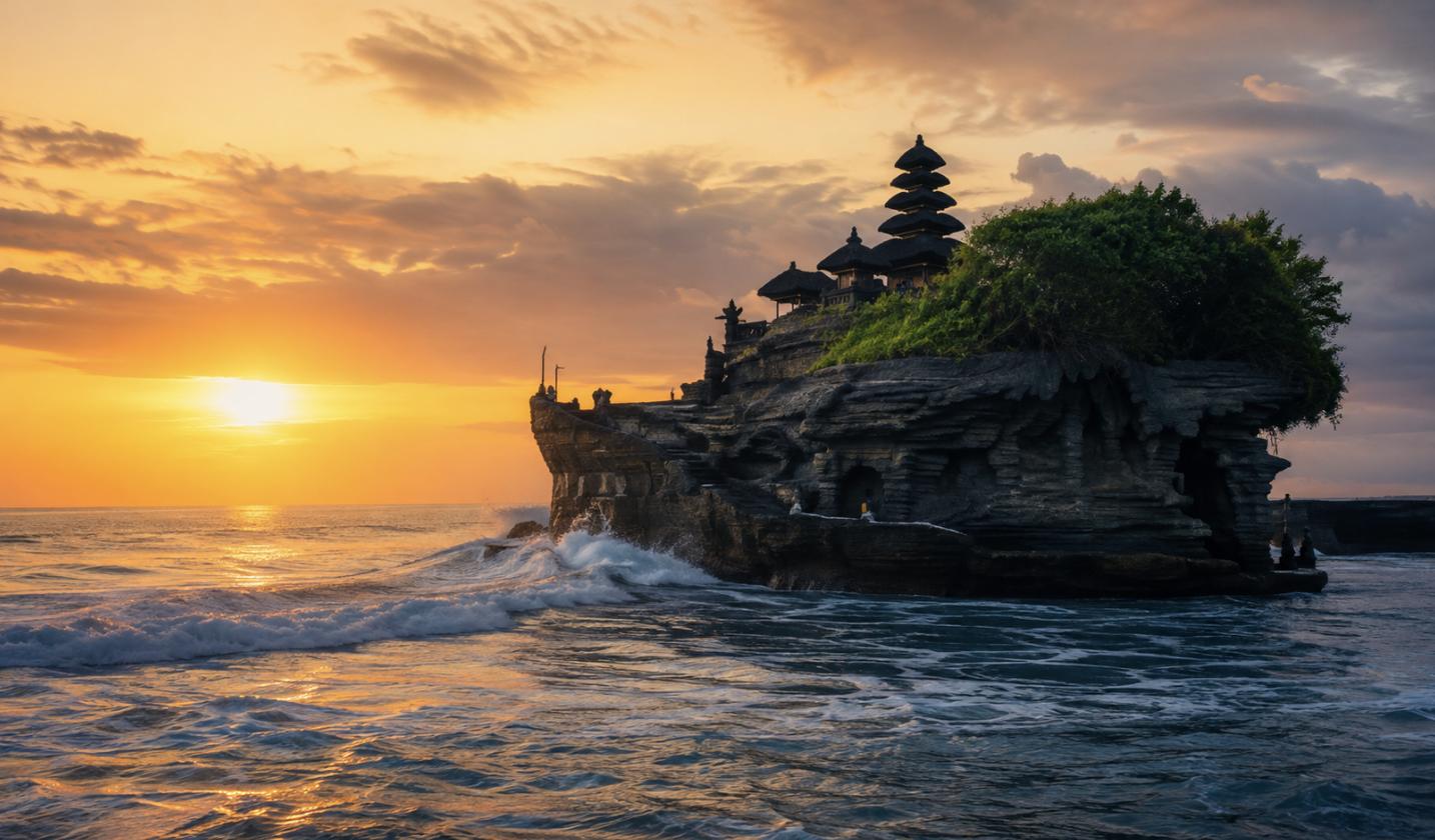 The Tanah Lot sea temple on a rock at golden sunset in Bali