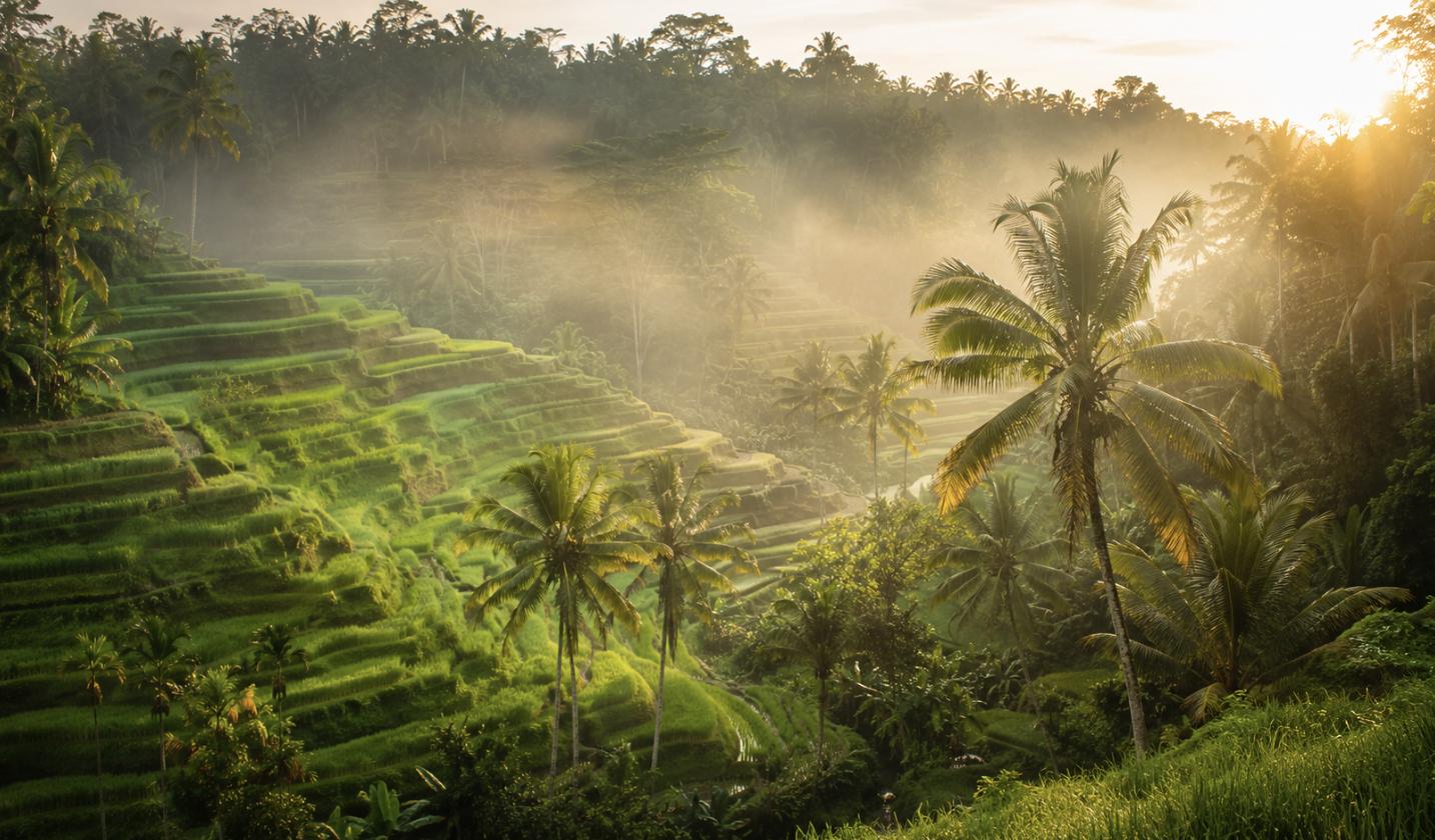 Golden hour light over the Tegallalang rice terraces in Bali, Indonesia