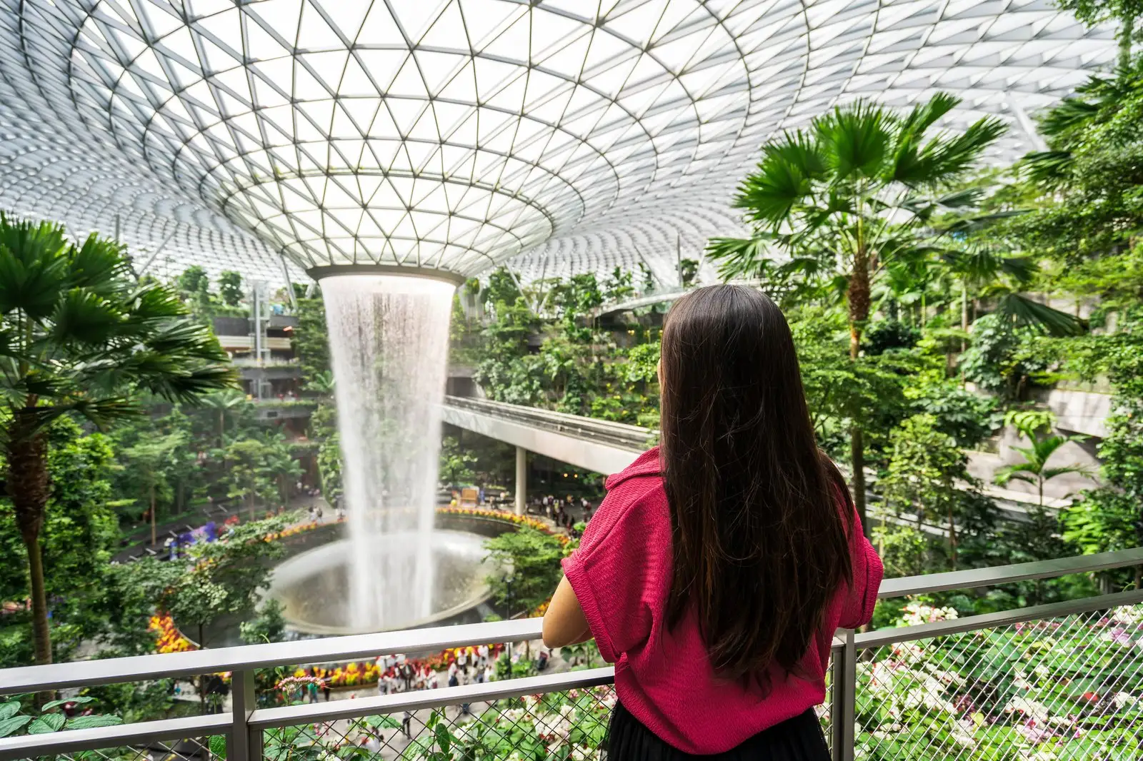 Visitor watching the Rain Vortex indoor waterfall surrounded by gardens inside Jewel Changi Airport