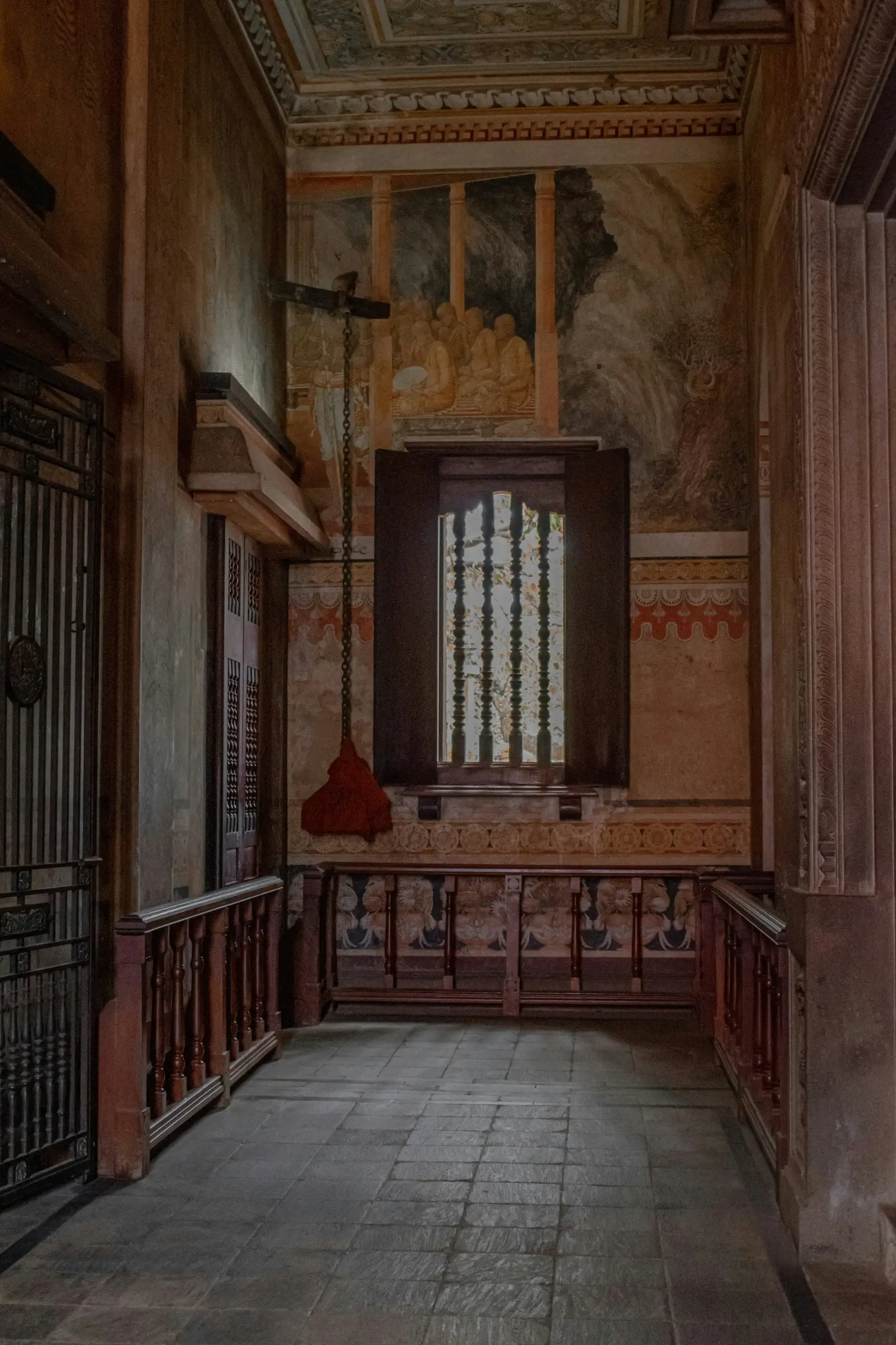 Painted temple corridor with old murals inside Kelaniya Raja Maha Vihara near Colombo, Sri Lanka