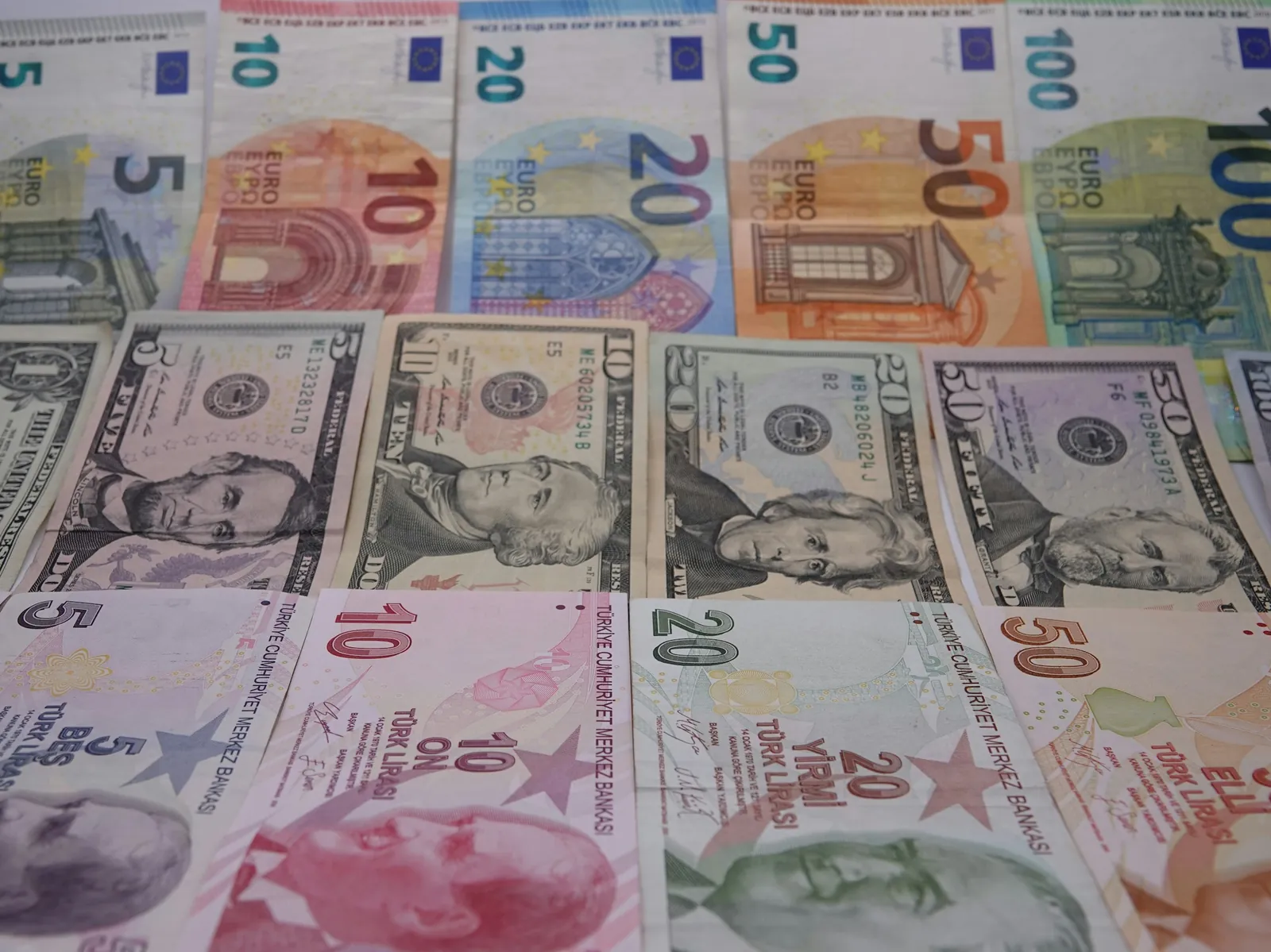 Rows of euro and US dollar banknotes laid out, like leftover cash after a trip abroad
