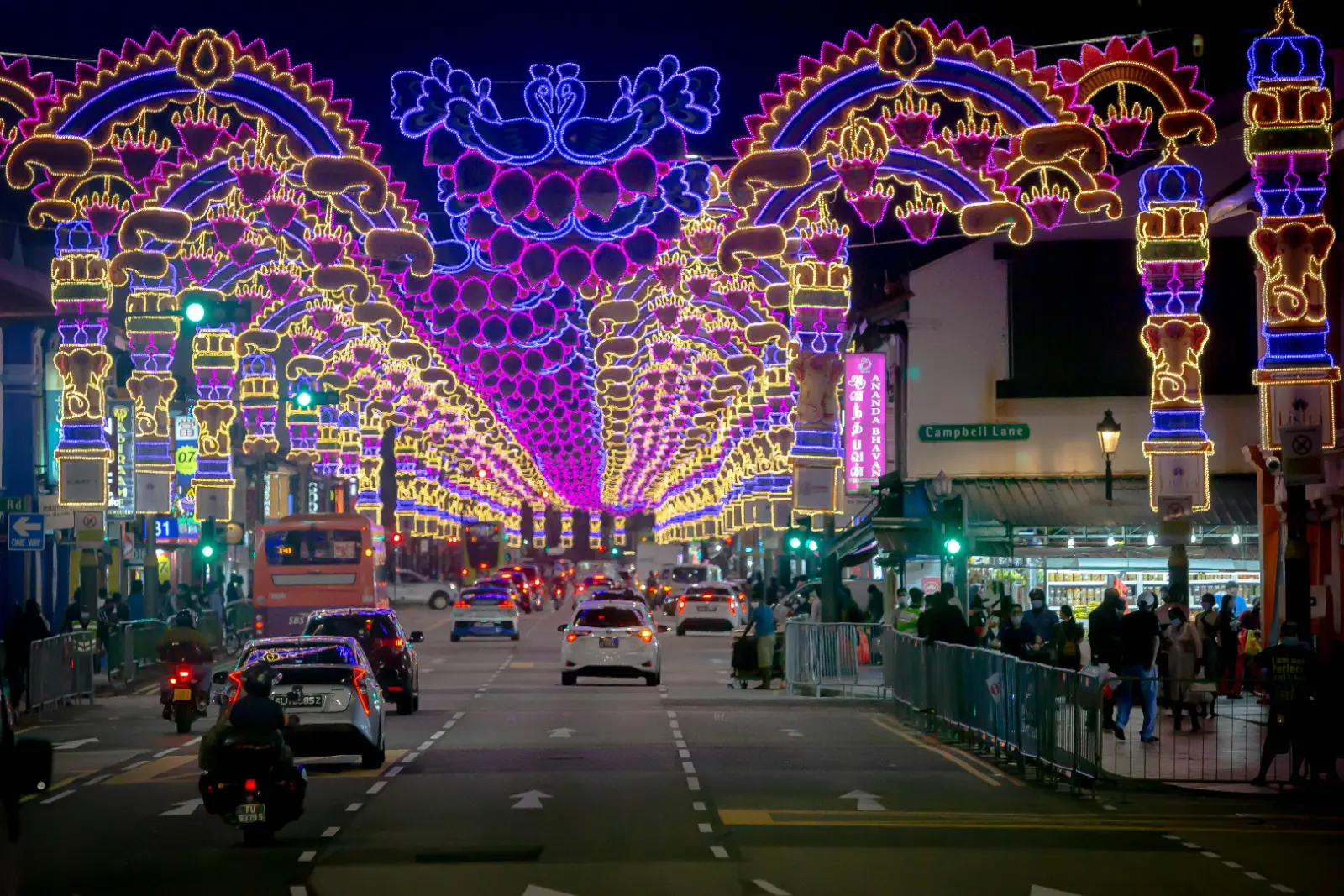 Diwali decorations strung above the street in Little India during the Singapore festival season