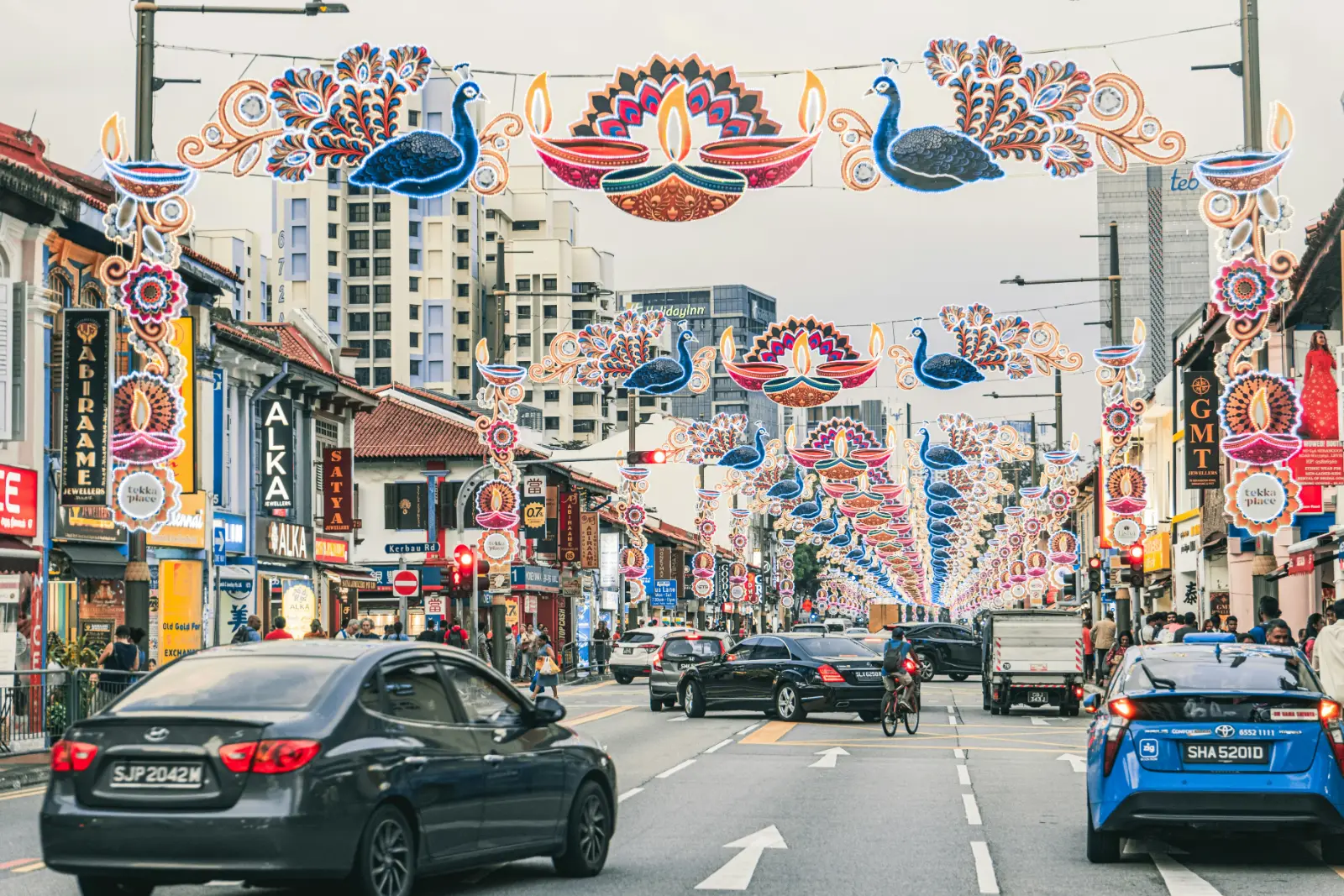 Serangoon Road in Singapore Little India decorated with festive street lights and shophouses