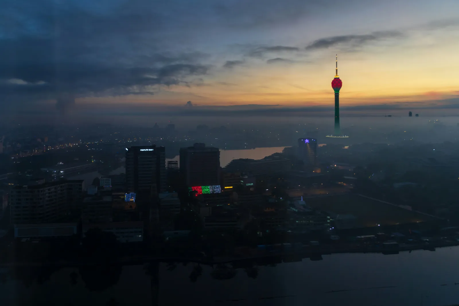Lotus Tower standing above the Colombo skyline at dusk, Sri Lanka