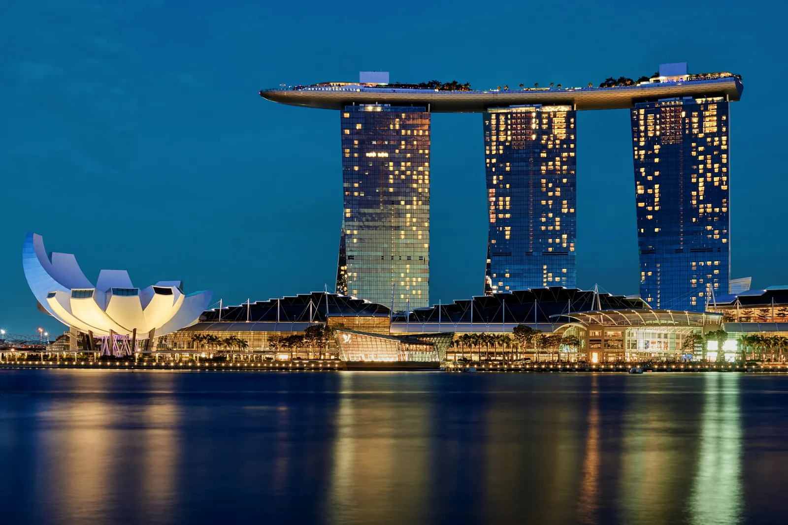 Marina Bay Sands and the ArtScience Museum lit up at night across Marina Bay, Singapore