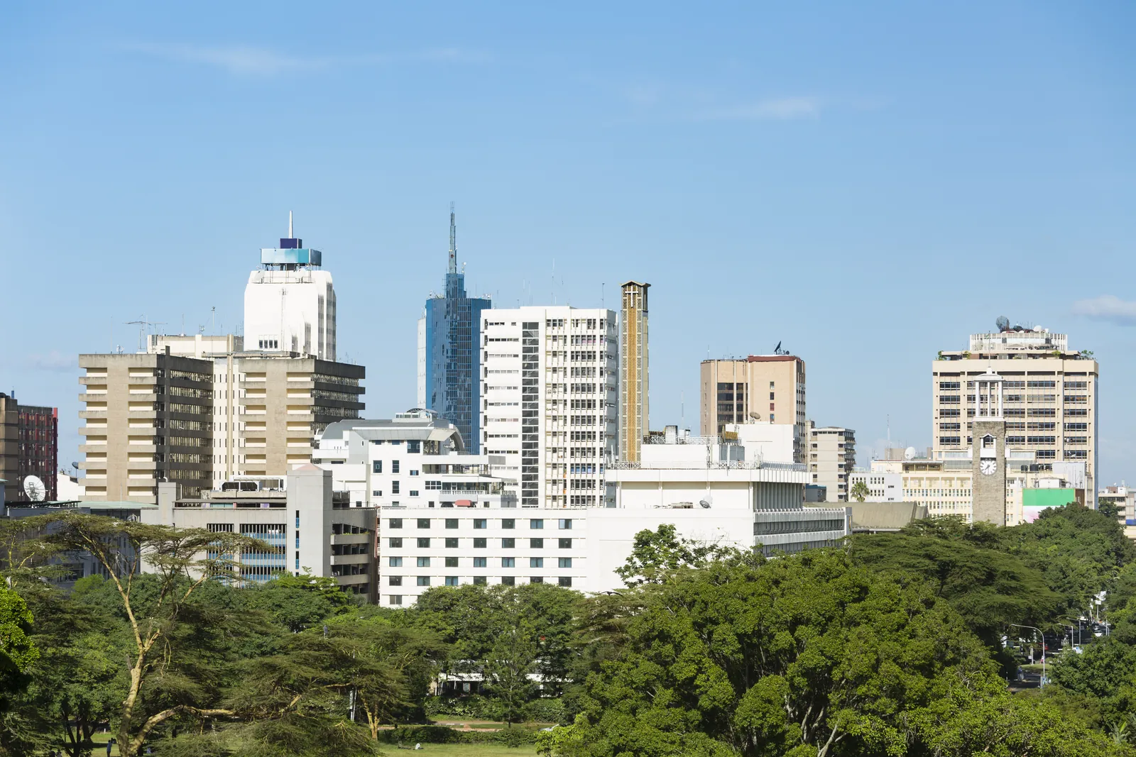 Nairobi city skyline with high rise buildings above green trees in Kenya