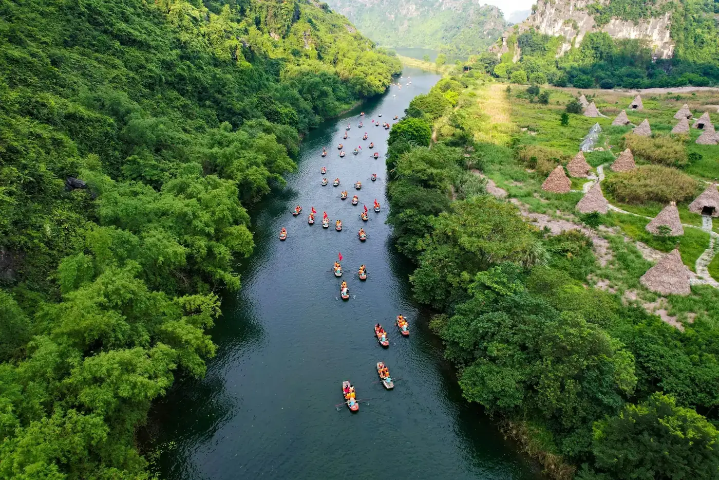 Rowing boats on a green river between limestone karsts and forest in Ninh Binh