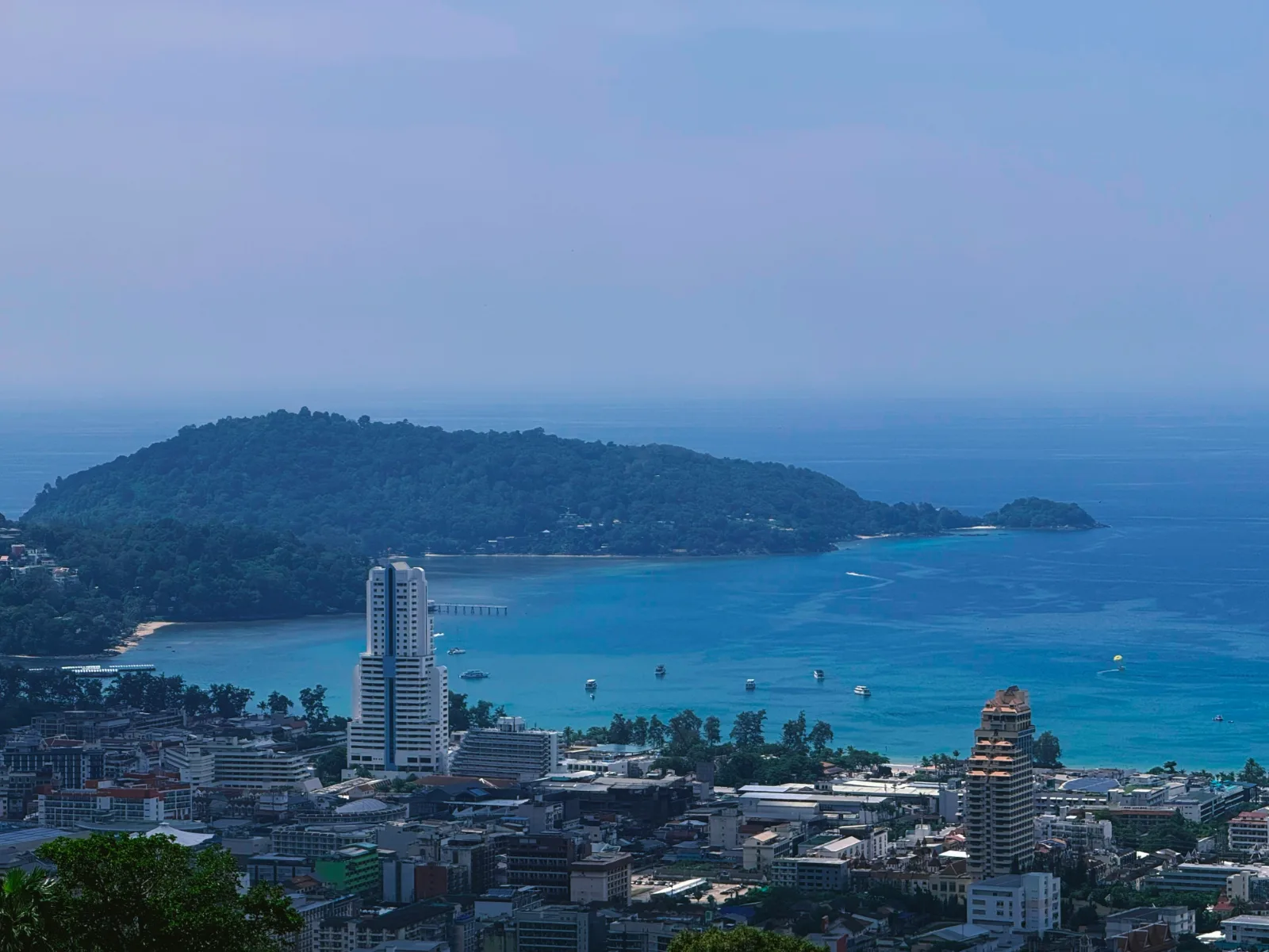 View over Patong Bay and its beachfront town on the west coast of Phuket