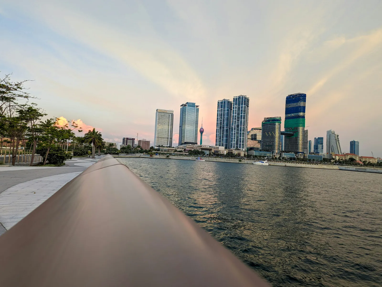 Seafront promenade at Port City Colombo with the city skyline across the water