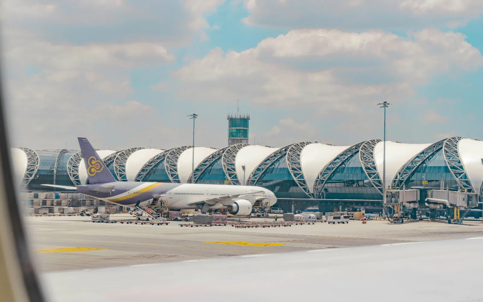 Thai Airways Boeing 777 parked on the apron at Bangkok Suvarnabhumi Airport