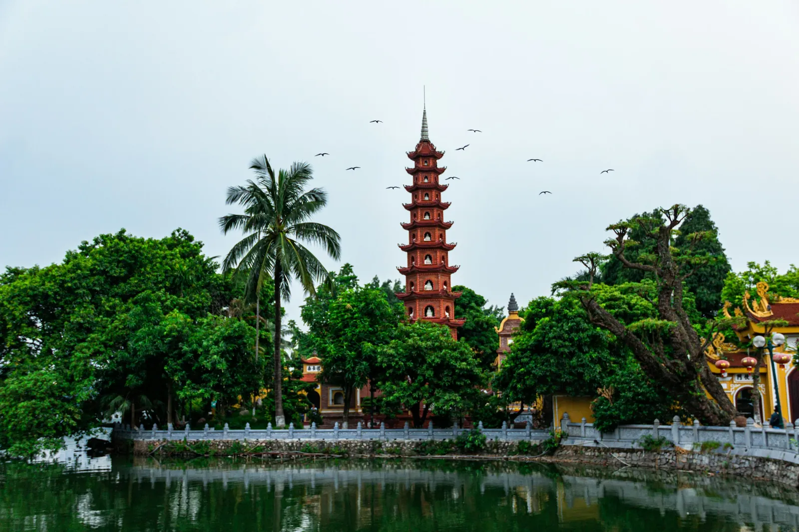 Red brick tower of Tran Quoc Pagoda rising above the trees on West Lake, Hanoi